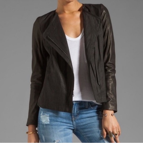 Vince Jackets & Blazers - Vince Linen and Lamb Leather Sleeve Jacket Black Moto Minimalist Size 4